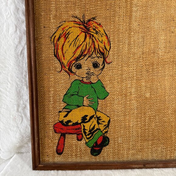 Vintage 1970s Framed Burlap Art "Dont Forget" With Big-Eyed Child Image - Picture 2 of 9